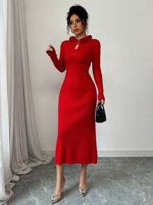 SHEIN Unity 女士优雅针织裹身红色连衣裙，纯色中国风长袖毛衣连衣裙，冬季新年 - 紅色 - 查看 7