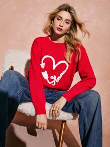 Poéselle Women's Letter & Heart Pattern Round Neck Long Sleeve Casual Sweater, Red Women Sweater Valentine's Day Outfits Autumn/Winter