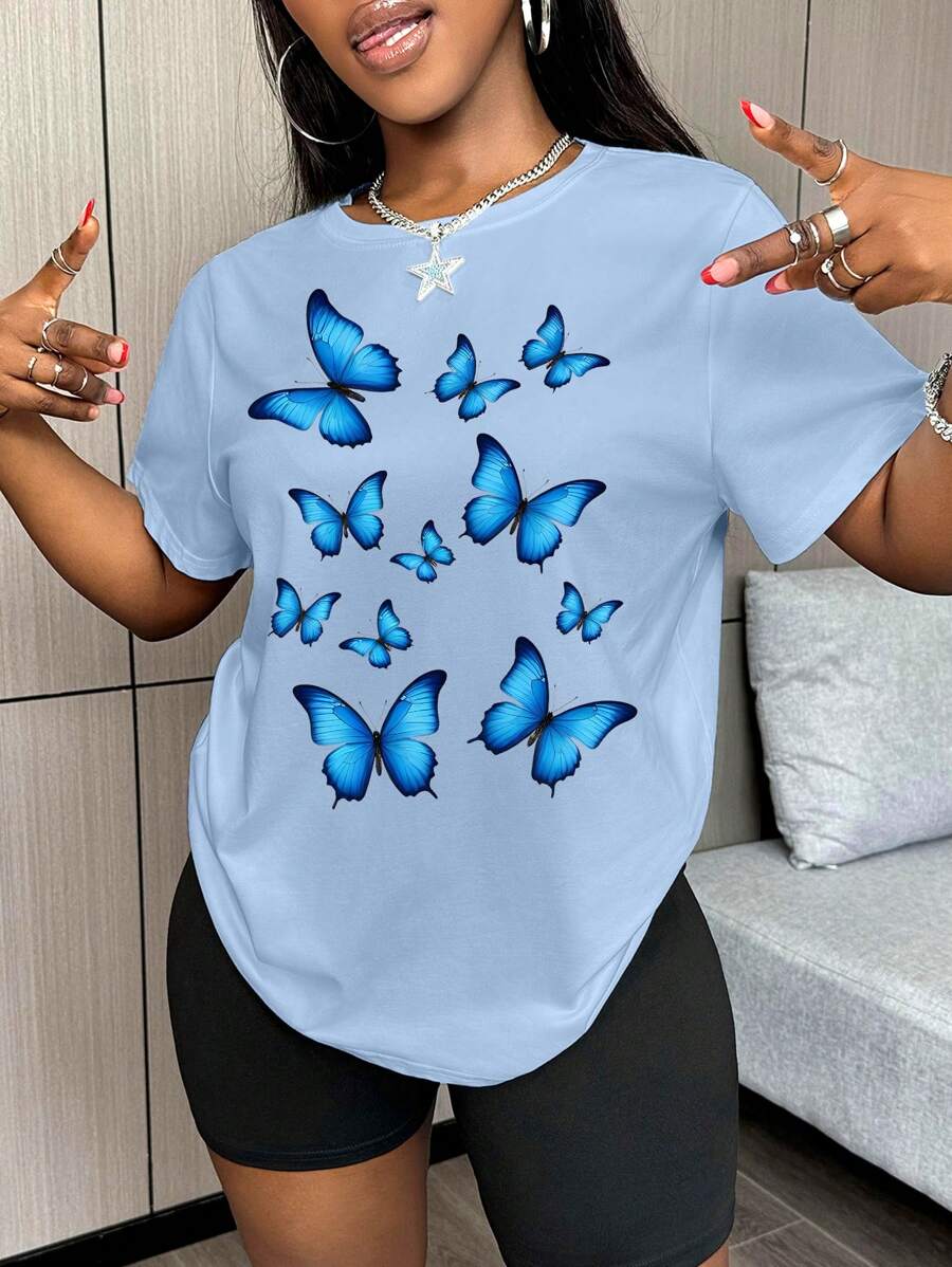 VaVaBold Women's Butterfly Element Printed Short Sleeve Tee, Round Neck Tops For Spring/Summer - Baby Blue - View 1