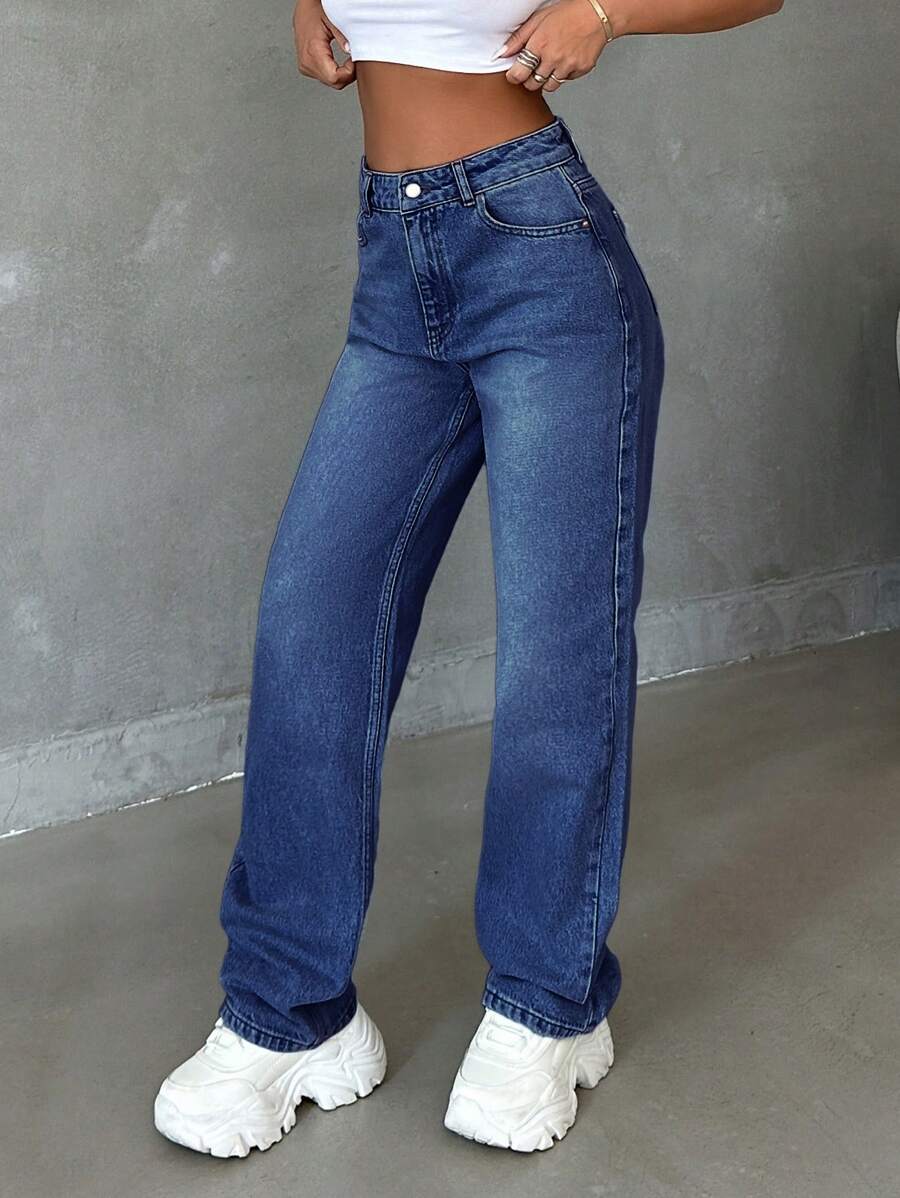 EURMUSE HIGH RISE STRAIGHT CUT LIGHT BLUE JEAN - Medium Wash - View 1