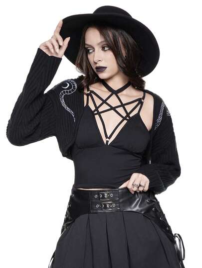 Versatile Gothic Snake & Moon Embroidered Loose Cardigan, Casual Everyday Outerwear