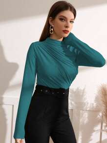 Modelyn Mock Neck Ruched Tee - Dark Green - View 3