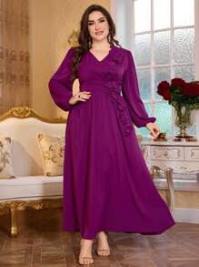 Modelyn Plus Size Plus Size V-Neck Floral Elegant Romantic A-Line Dress - Red Violet - View 4