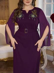 Modelyn Plus Size Chiffon & Knitted V-Neck Embroidered Straight Dress With Tie Waist, Elegant Long Dress - Purple - View 6