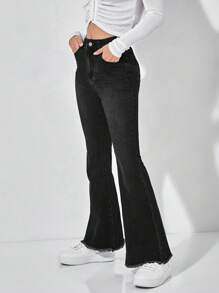 SHEIN PETITE 女士前扣口袋简约牛仔长裤，休闲日常穿着 - 黑色 - 查看 5