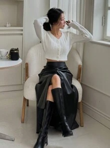 DAZY Women's PI Leather Splice Mermaid Split Mid-Length Skirt, Four Season Fall Skirts - Black - View 8