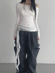 DAZY Camiseta blanca de manga larga con cuello redondo, detalles de encaje con contraste y lazo, para primavera/verano