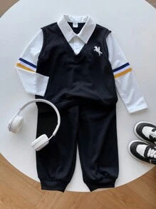 2 pièces Vêtements pour jeunes garçons et jeunes garçons. Décontracté, confortable, épais et chaud. Avec ruban et petit motif décoratif. Ensemble 2 en 1 de polo à capuche et pantalon, en noir et blanc. Convient pour aller à l'école, pour une utilisation quotidienne et décontractée, pour les fêtes d'anniversaire, les cérémonies d'ouverture. Adapté pour l'école, les voyages, les sports, l'automne et l'hiver. - bleu indigo - Voir 4