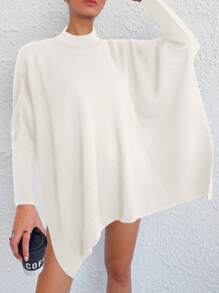 Cloudara Mock Neck Batwing Sleeve Split Hem Jumper - White - View 3
