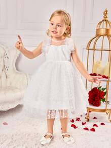 SHEIN Fern Glow  Young Girl Sweet Ruffle Hem Sleeveless White Organza Summer Dress