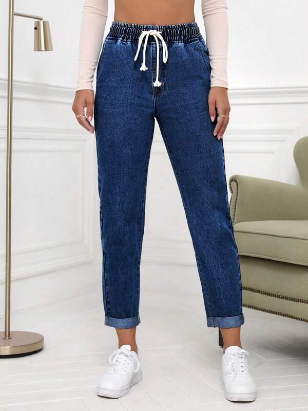 SHEIN Essnce Casual Washed Drawstring Waist Tapered Jeans Thickened Denim