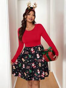 SHEIN EZwear Vestido estampado con diseños de Papá Noel, muñeco de nieve, árbol de Navidad y pan de jengibre para mujer talla grande, regalo de Navidad, atuendo para fiesta navideña - Multicolor - Ver 5
