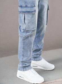 Manfinity Homme Quần Jeans Denim Giặt Nước Cho Nam Có Túi Khóa Kéo Bên Trong, Quần Cargo Dài Ôm Vừa Đơn Giản Màu Xanh Nhạt, Dành Cho Chồng, Quà Tặng Bạn Trai - Màu xanh lam - Xem 5