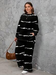EMERY ROSE Casual Minimalist Artistic Stripe Pattern Printed Plus Size Sweatshirt Set, Suitable For Autumn/Winter - White - View 8