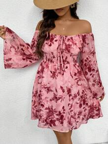 SHEIN VCAY Plus Size Pink Off-Shoulder Printed Dress For Women,Bell Sleeve Boho Autumn Holiday Vacation Spring Clothes, Date Night Valentine's Day Outfit - Multicolor - View 5