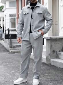 Manfinity Homme Plus Size Men's Button Front Long Sleeve Pocket Detail Shirt And Pants 2 Pieces Outfit - Grey - View 5