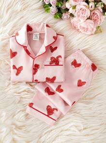 2pcs/Set Baby Girl Cute Pink Heart Pattern Long Sleeve Top And Loose Pants Sleepwear Set, Comfortable And Casual - Pink - View 3