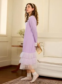 少女简约蕾丝撞色长袖长睡袍家居服，适合春秋季节 - 紫色 - 查看 4