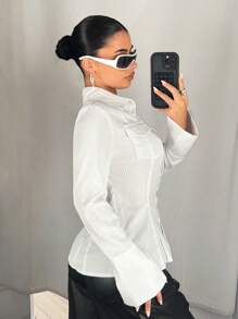 SHEIN ICON Camisa de manga larga con rayas para mujer, con bolsillos, bajo con abertura y cintura ajustada, para otoño