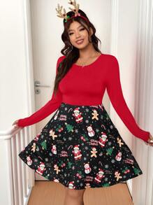 SHEIN EZwear Vestido estampado con diseños de Papá Noel, muñeco de nieve, árbol de Navidad y pan de jengibre para mujer talla grande, regalo de Navidad, atuendo para fiesta navideña - Multicolor - Ver 6