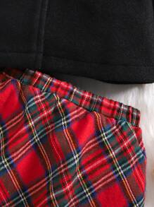 SHEIN 2pcs Baby Girl Winter Cute Black Overcoat With Fur Collar And Plaid Skirt Outfit - Black - View 5