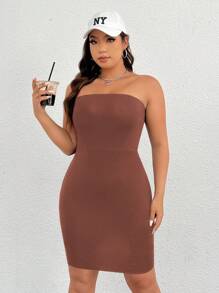 SHEIN EZwear 大码纯色修身简约抹胸连衣裙，休闲日常穿着 - 咖啡棕 - 查看 3