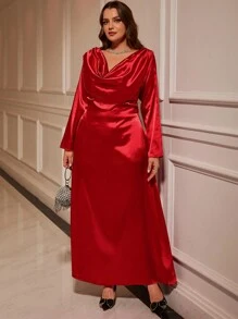 SHEIN Clasi Vestido largo de satén elegante en color rojo sólido con espalda drapeada y manga larga para mujeres curvy talla plus, apropiado para fiestas de invitados y bailes, atuendo de San Valentín