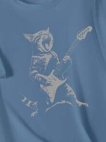 Teen Boy Crew Neck Rock Cat Print Short Sleeve T-Shirt