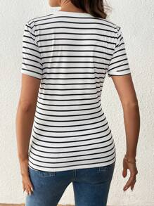 SHEIN Pregnant Women's Striped Round Neck Short Sleeve T-Shirt, Casual Everyday Wear - Black and White - View 2