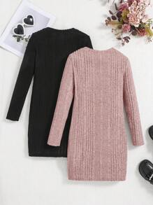 2 Stücke Tween Mädchen Gestrickt Einfarbig Rundhalsausschnitt Tailliertes Casual Langarm Kleid