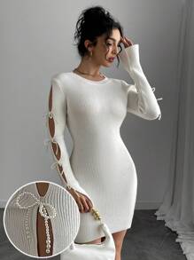 Chiquease Mock Neck Elegant Bow Decor Hollow Out Bodycon Sweater Dress - White - View 1