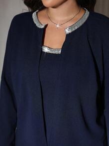 Gownix 2 件海军蓝针织短开衫和连衣裙套装，带松紧带，加大码，带水钻装饰领子，适合秋冬季 - 藏蓝色 - 查看 1