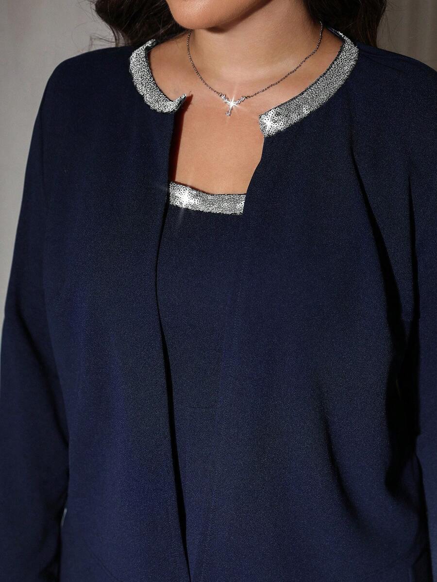 Gownix 2 件海军蓝针织短开衫和连衣裙套装，带松紧带，加大码，带水钻装饰领子，适合秋冬季 - 藏蓝色 - 查看 1