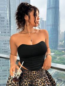 SHEIN EZwear Plus Size Women Plain Color Ruched Bandeau Fitted Stylish Top - Black - View 5