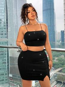 SHEIN EZwear 2PCS Plus Size Glitter Detail Crop Top And High Slit Fitted Skirt Set