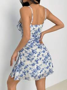 SHEIN PETITE Robe d'été à fleurs bleues et blanches avec encolure halter en maille pour les vacances - Bleu azur - Voir 2