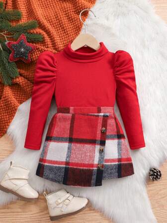SHEIN Baby Girl Mommy And Me Matching Outfits, Autumn/Winter Cute Red Knit Long Sleeve Top And Plaid Skirt Set, Fashion Outing And Christmas Outfit (2 Sets Sold Separately)