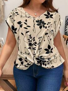 SHEIN Frenchy Plus Size Boho V-Neck Cross Crisscross Plants Printed Casual Blouse, Minimalist & Fashionable For Everyday Wear, For Summer