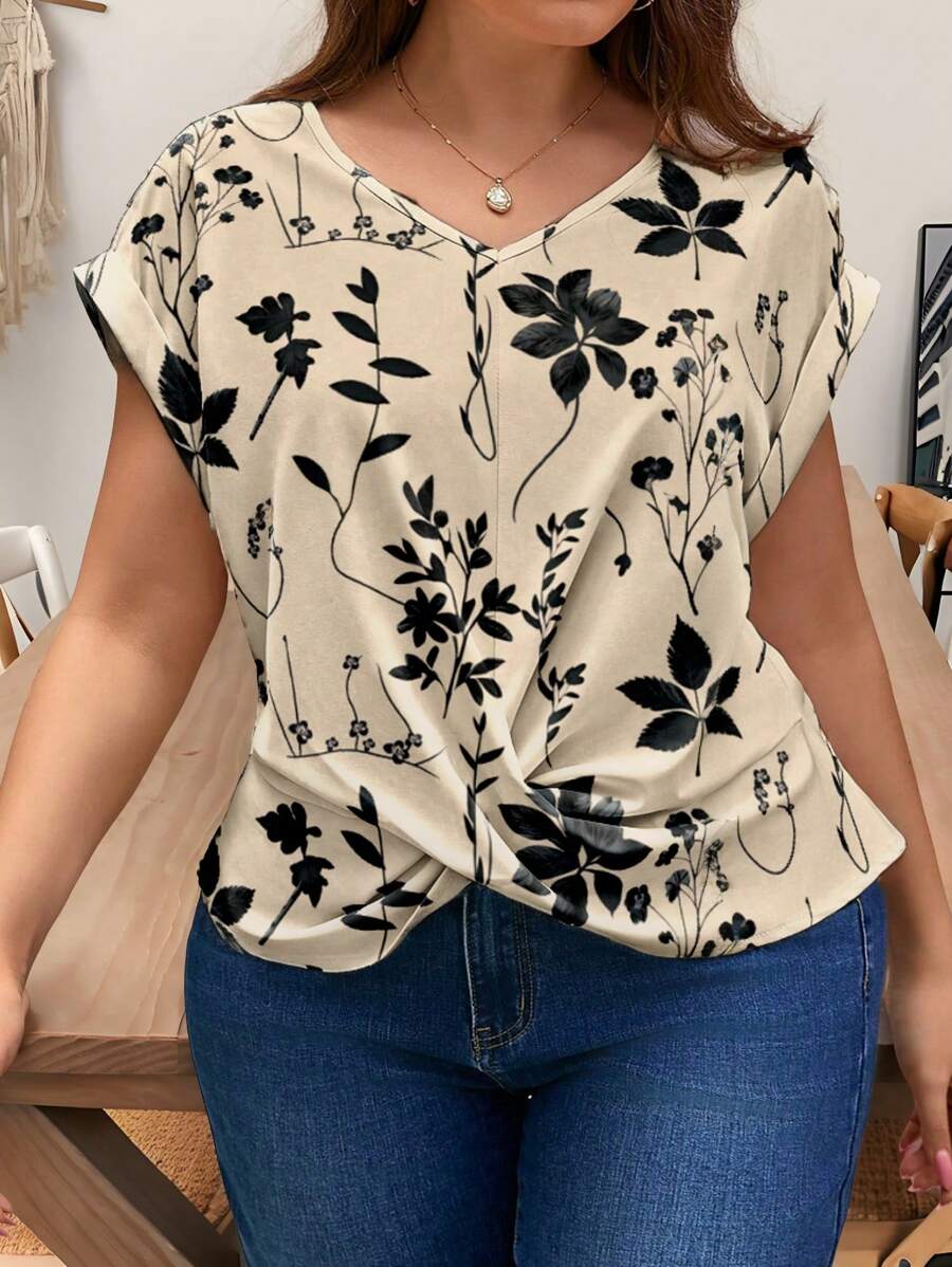SHEIN Frenchy Plus Size Boho V-Neck Cross Crisscross Plants Printed Casual Blouse, Minimalist & Fashionable For Everyday Wear, For Summer