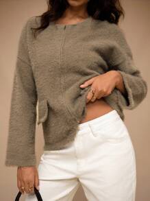 Forever 21 Women Solid Color Front Zipper Long Sleeve Minimalist Top, Casual Everyday Wear - Camel - View 9