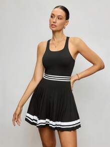 Activina Women's Black Patchwork Wide Strap Simple Short Sports Dress For Tennis & Daily Wear - Black and White - View 3