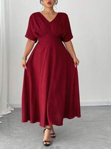 Elenzga Plus Size V-Neck Solid Color Short Sleeve Casual Dress, Simple & Fashionable For Everyday Wear,Valentine