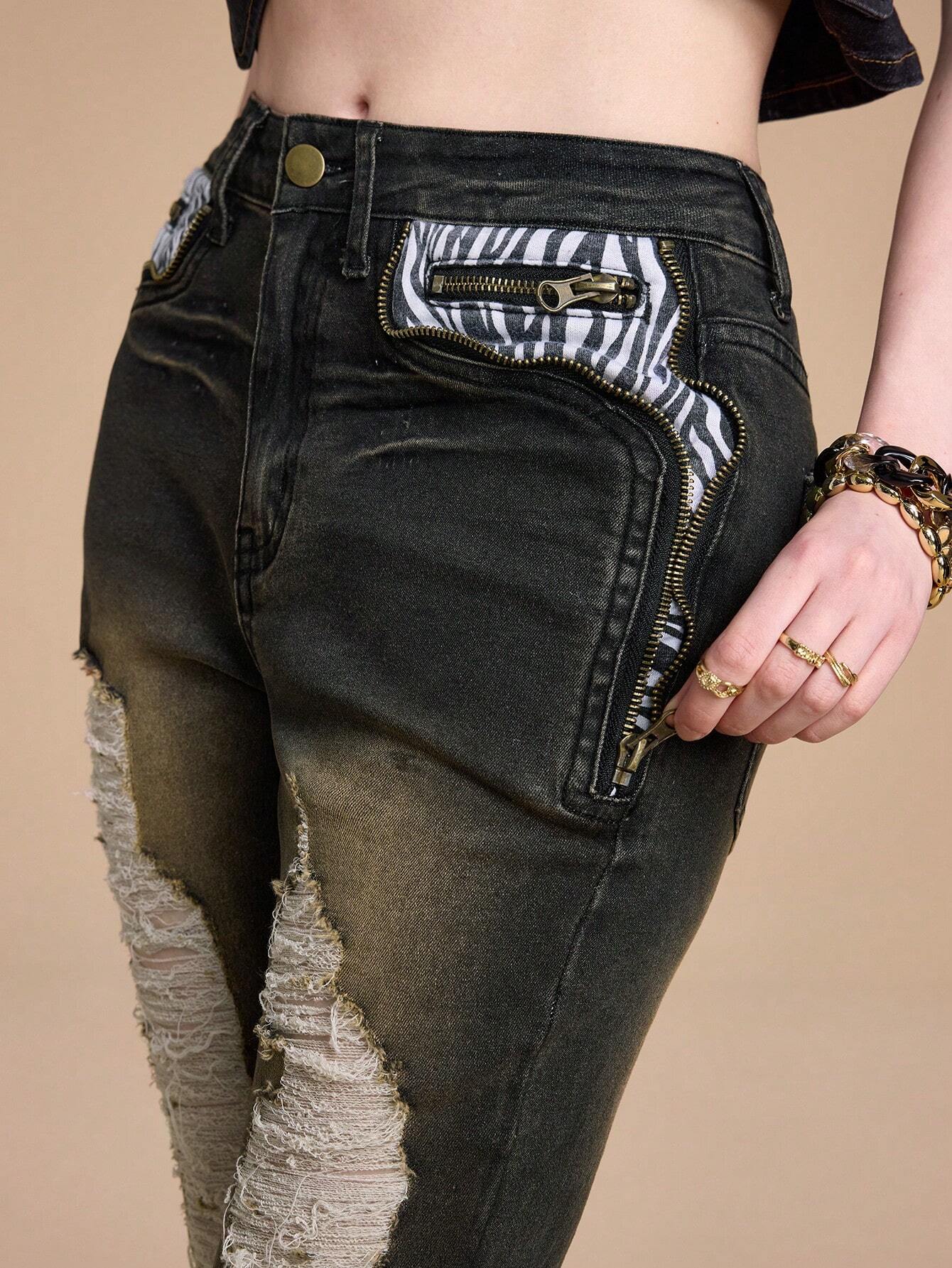 Our Grunge Punk Vintage Patchwork Zebra Print Skinny Flare Leg
