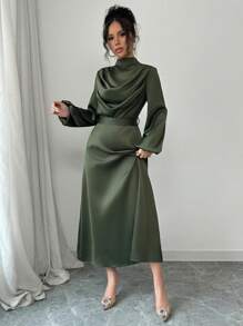 Elenzga Vestido de mujer elegante de satén brilloso con pliegues, cuello drapeado, manga larga y campana, para primavera y otoño