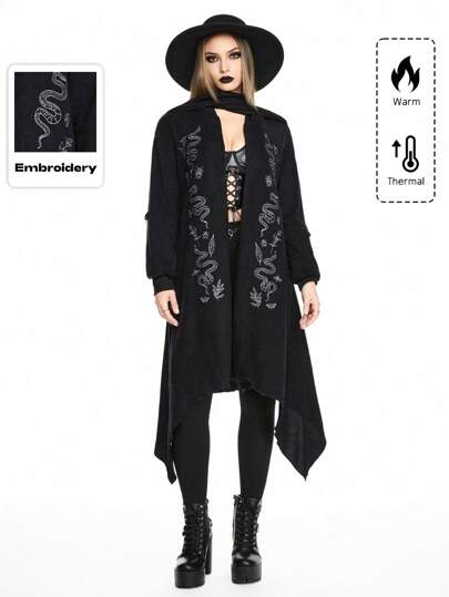 Gothic Snake Skin Floral Embroidered Asymmetrical Hem Women Hooded Scarf Cloak Jacket