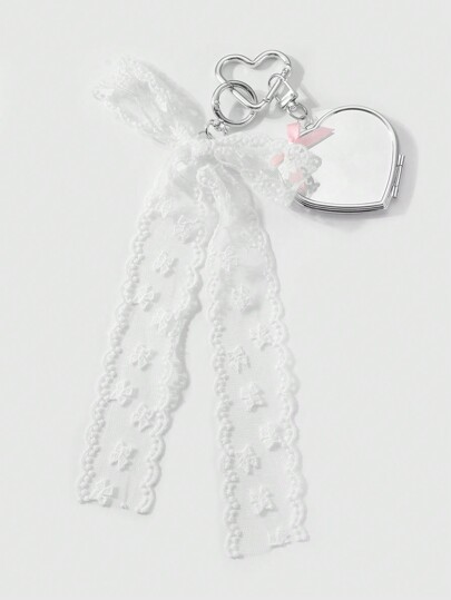 Kawaii 1 pezzo specchio compatto con ciondolo a forma di cuore, in stile coreano minimalista, in pizzo bianco di alta qualità ricamato, accessorio per borsa, adatto per donna, uso quotidiano, regalo