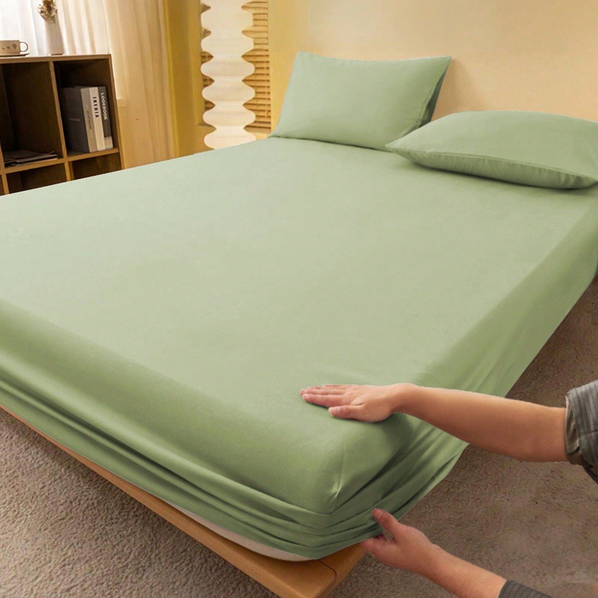 Piezas Juego de sábanas ajustadas de color verde aguacate sólido (1 pieza sábana ajustada + 1/2 piezas funda de almohada), protector de colchón, s