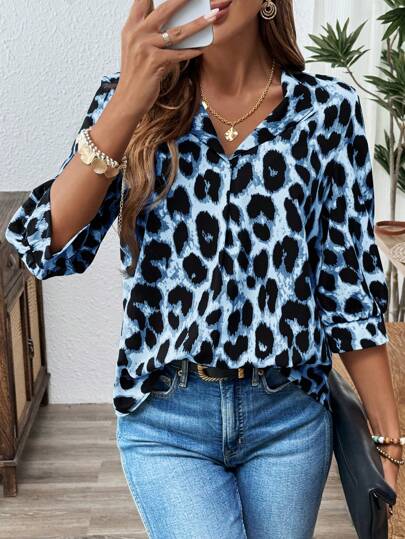 SHEIN LUNE Women's Classic Leopard Print Casual Blouse, Everyday Wear