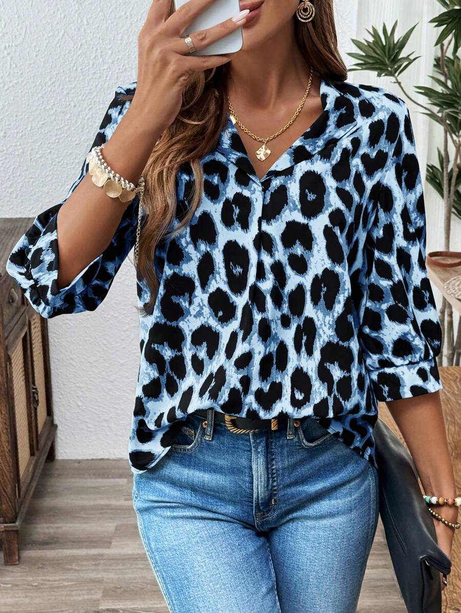 SHEIN LUNE Women's Classic Leopard Print Casual Blouse, Everyday Wear