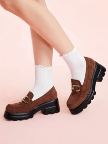 CUCCOO DOLLMOD 女士黑色 PU 平底圆头一脚蹬鞋，厚底和纽扣装饰，时尚简约 - 棕色 - 查看 4